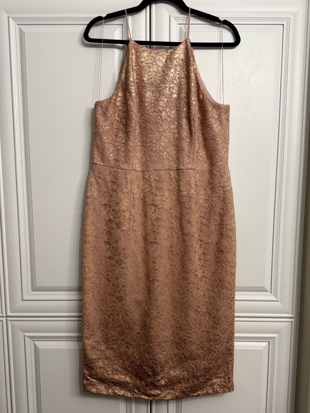 Adrianna Papell Rose Gold Lace Halter Dress Metallic Sheath Midi Cocktail Sz 14